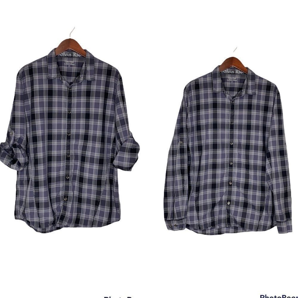 Calvin Klein Cotton Plaid Roll Tab Cuff Casual‎  Button Down Shirt Grey L